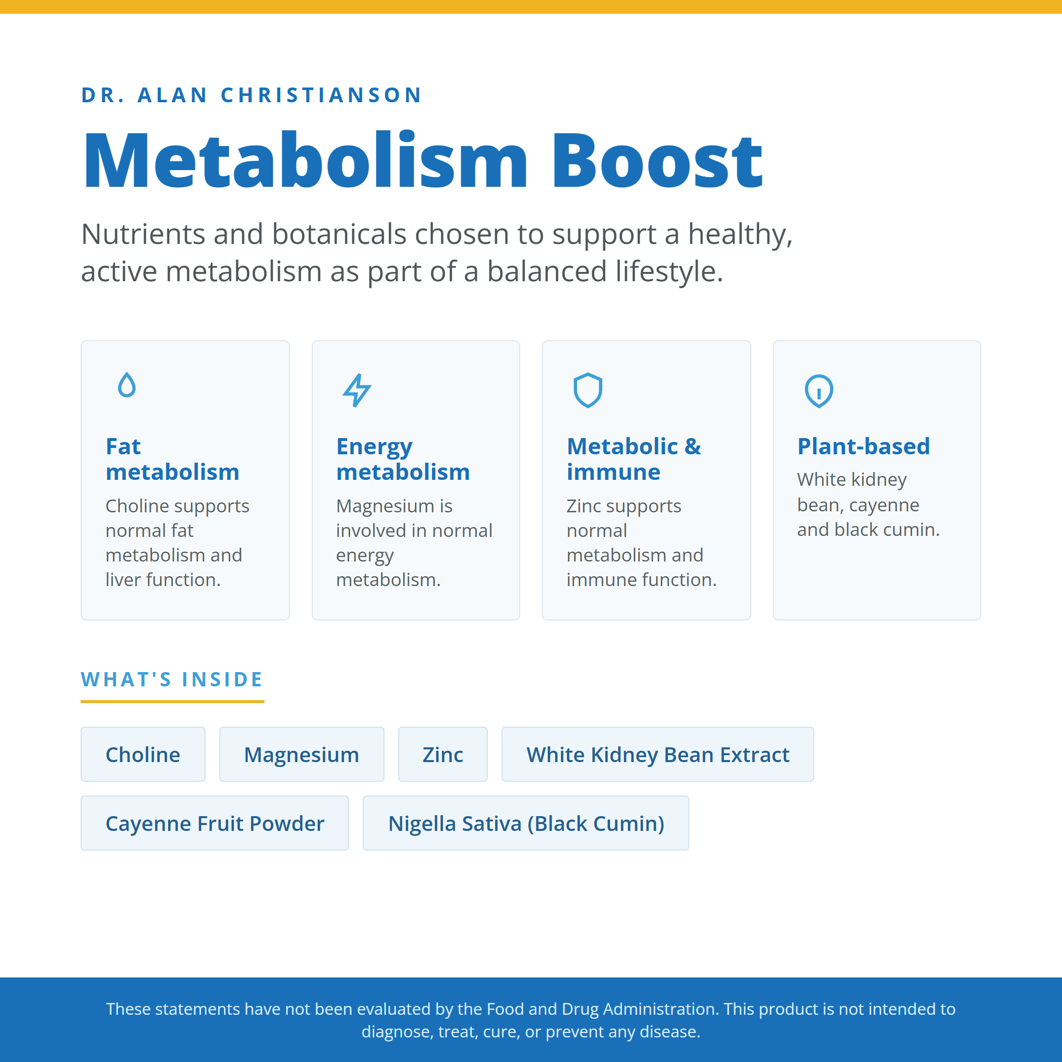 Metabolism Boost ingredient and benefit overview: fat metabolism, energy metabolism, metabolic and immune support, and plant-based ingredients.